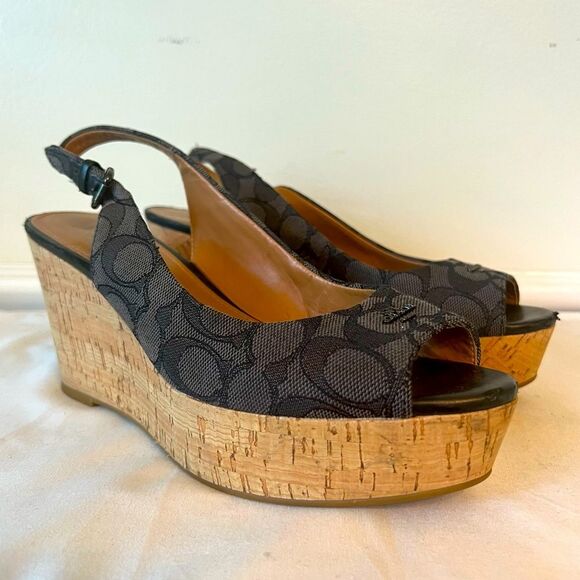 Coach Ferry Peek a boo Sling back platform Signature Wedge Sandal Sz 8.5 - Picture 15 of 15